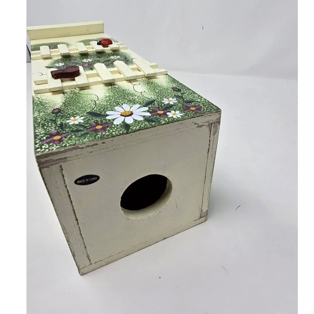 Vtg hand painted wooden grocery bag holder picket fence floral‎ cottagecore